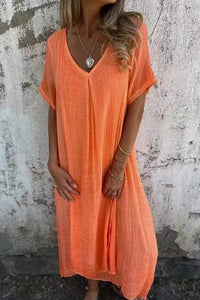 Élégante robe midi en lin à col en V et manches courtes - Respirante, légère et confortable