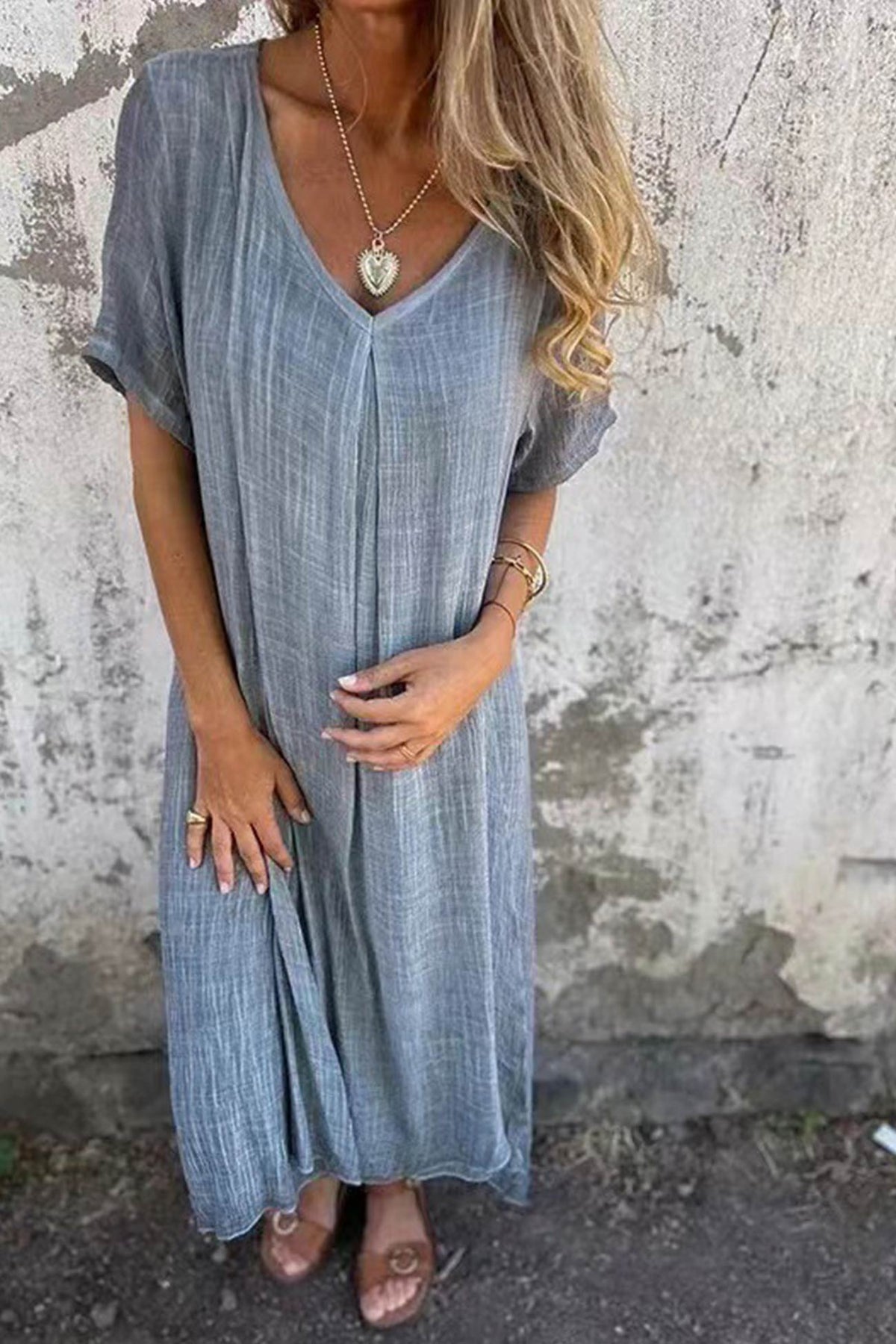 Élégante robe midi en lin à col en V et manches courtes - Respirante, légère et confortable