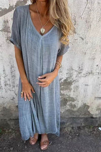 Élégante robe midi en lin à col en V et manches courtes - Respirante, légère et confortable