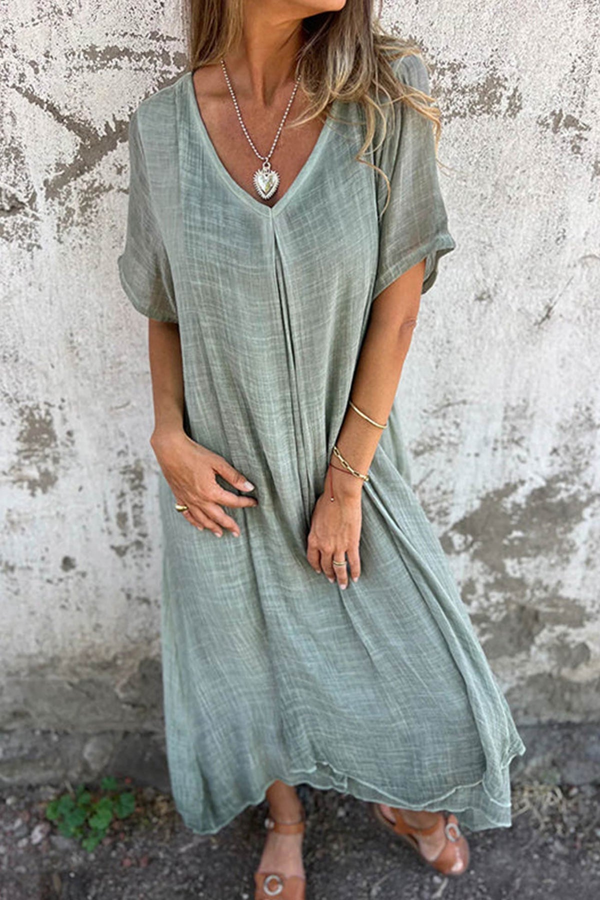 Élégante robe midi en lin à col en V et manches courtes - Respirante, légère et confortable