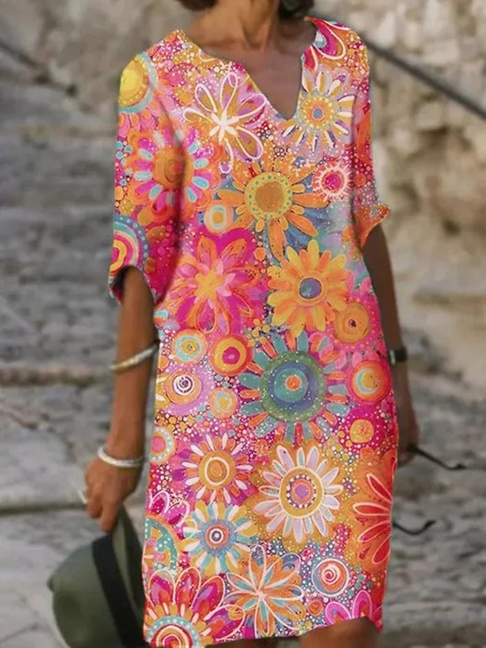 Robe élégante à col en V et imprimé floral stylisé