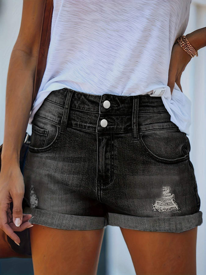 Short en Jean pour Femmes - Taille Haute - Ourlet Cuffed - Style Décontracté avec Effet Usé