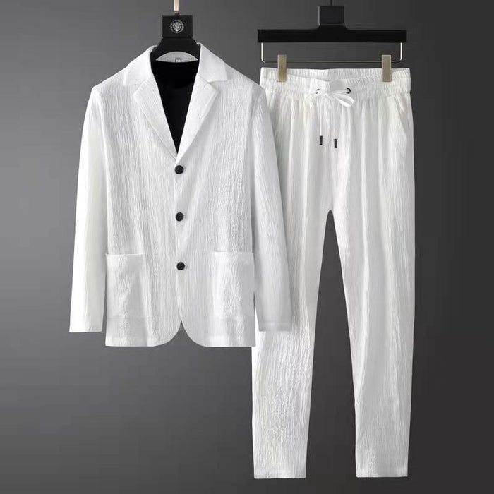 Costume décontracté élégant pour hommes - Blazer ajusté et pantalon de jogging avec tissu texturé et fermeture à 3 boutons