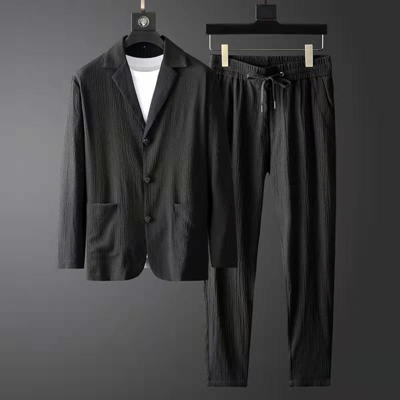 Costume décontracté élégant pour hommes - Blazer ajusté et pantalon de jogging avec tissu texturé et fermeture à 3 boutons