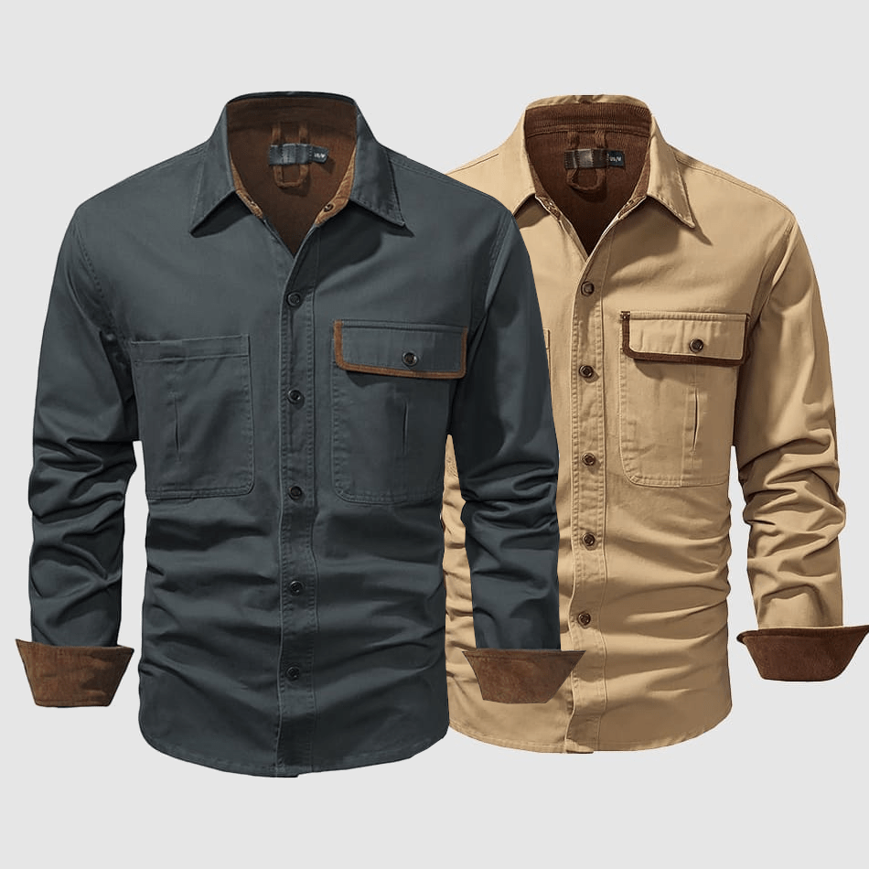 Chemise pour hommes en coton 100 % - Manches longues, col classique et poches sur la poitrine