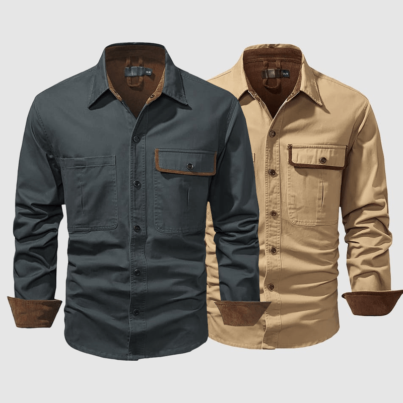 Chemise pour hommes en coton 100 % - Manches longues, col classique et poches sur la poitrine