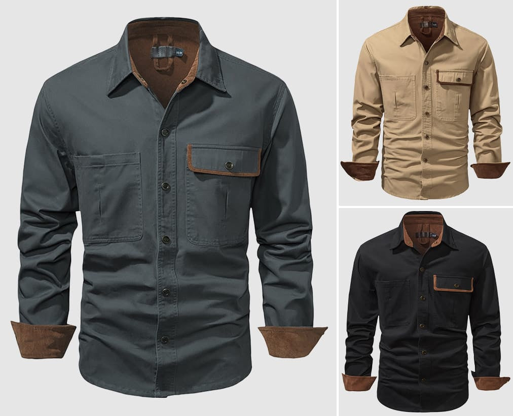 Chemise pour hommes en coton 100 % - Manches longues, col classique et poches sur la poitrine