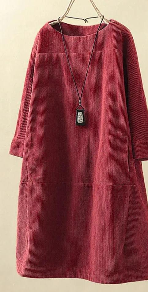 Robe en velours côtelé pour femme - Coupe décontractée - Longueur genou - Manches 3/4 - Style minimaliste élégante