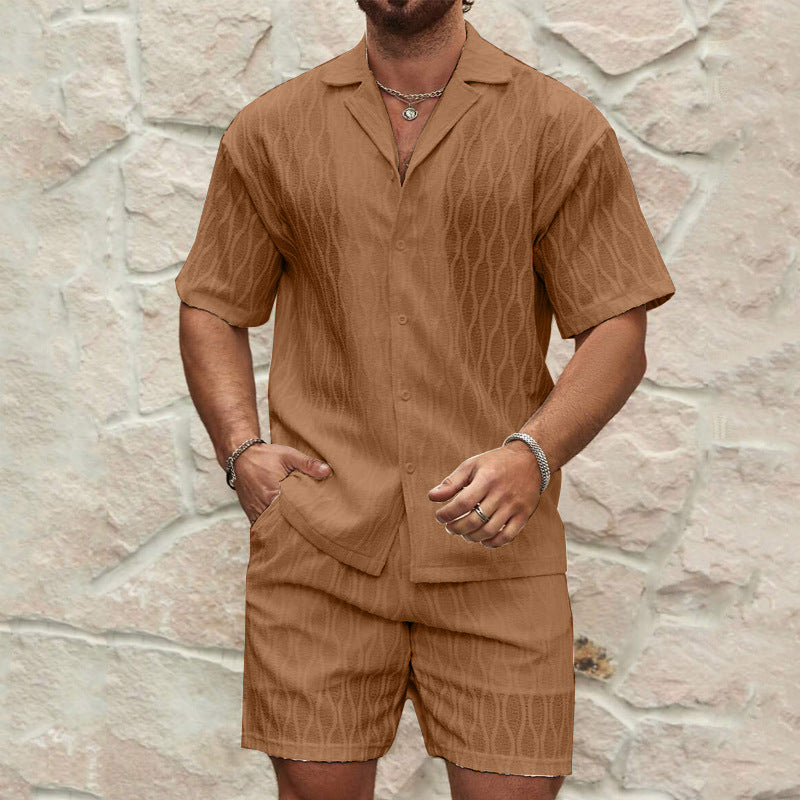 Ensemble d'été deux pièces confortable pour hommes - Chemise boutonnée à manches courtes et short décontractés en coton doux