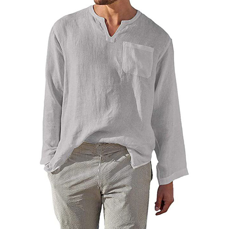 Chemise homme à manches longues en lin et coton - coupe décontractée avec col mandarin pour un style casual et élégant