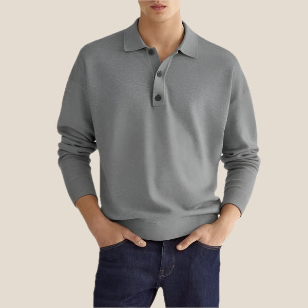 Polo à manches longues pour hommes, coupe classique, en coton mélangé et poignets côtelés