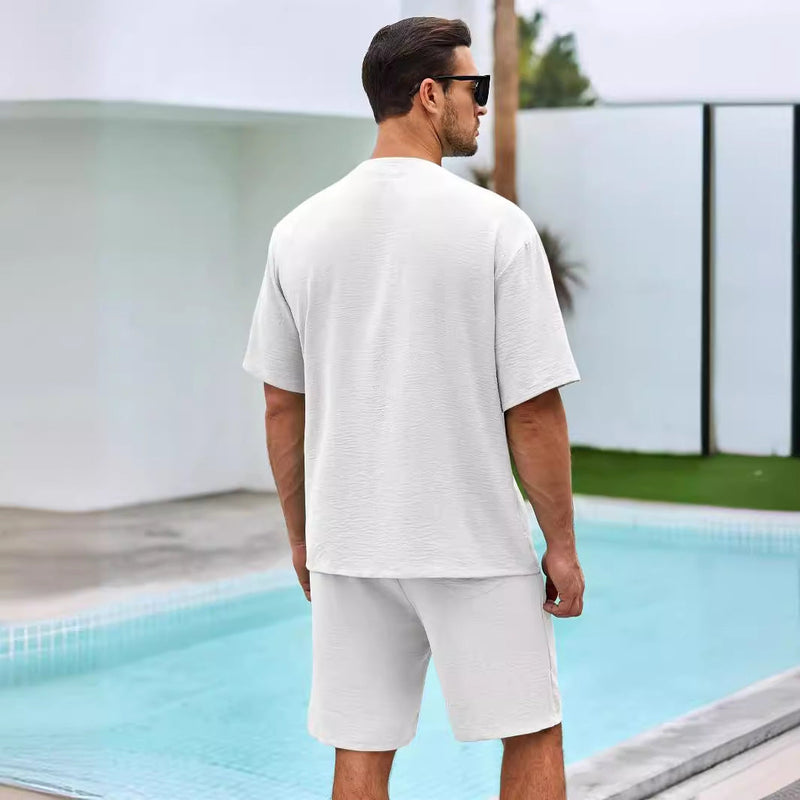 Ensemble Homme Deux Pièces - Chemise à V Boutons - Shorts Relaxés en Coton Respirant