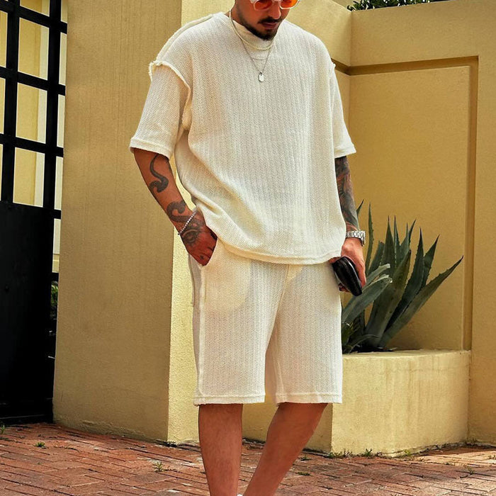 Ensemble Sportif Hommes - Tissu Coton Respirant - T-Shirt Confortable et Short Mi-Mollet pour un Style Décontracté