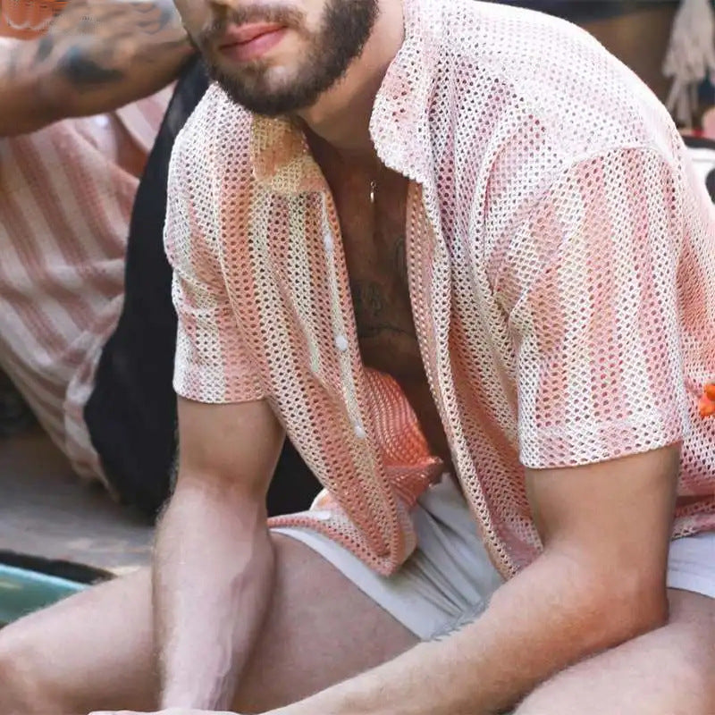 Chemise en maille respirante pour hommes - Bouton à la coupe décontractée avec manches courtes et motif quadrillé stylisé