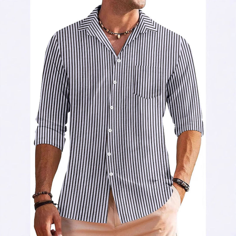 Camisa de manga larga para hombres - Ajuste regular - Estampado a rayas con bolsillo en el pecho