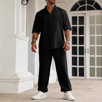 Ensemble Décontracté pour Hommes - Mélange Coton Lin - Coupe Confort - Chemise à Manches Courtes et Pantalons