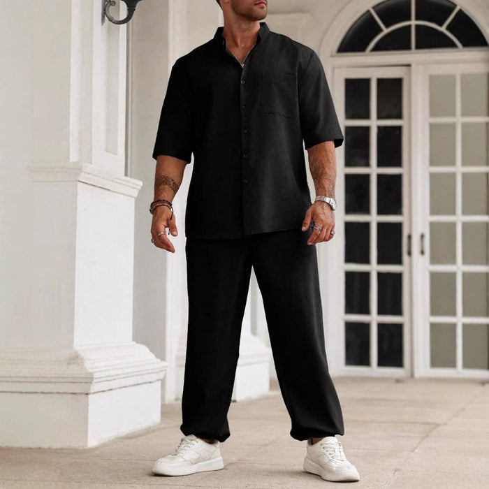 Ensemble Décontracté pour Hommes - Mélange Coton Lin - Coupe Confort - Chemise à Manches Courtes et Pantalons