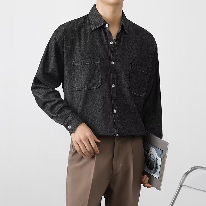 Camisa de mezclilla para hombre con cierre de botones en el frente y mangas largas