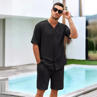 Ensemble Homme Deux Pièces - Chemise à V Boutons - Shorts Relaxés en Coton Respirant