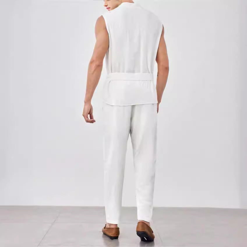 Ensemble Débardeurs et Pantalons Homme - Coton Léger et Confortable - Coupe Décontractée - Haut Sans Manches avec Ceinture