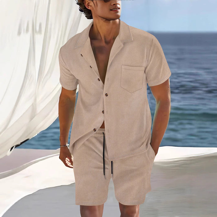 Ensemble de Chemise et Short pour Hommes - Coupe Décontractée - Col Cubain - Tissu Légèrement Respirant et Léger