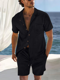 Ensemble de Chemise et Short pour Hommes - Coupe Décontractée - Col Cubain - Tissu Légèrement Respirant et Léger