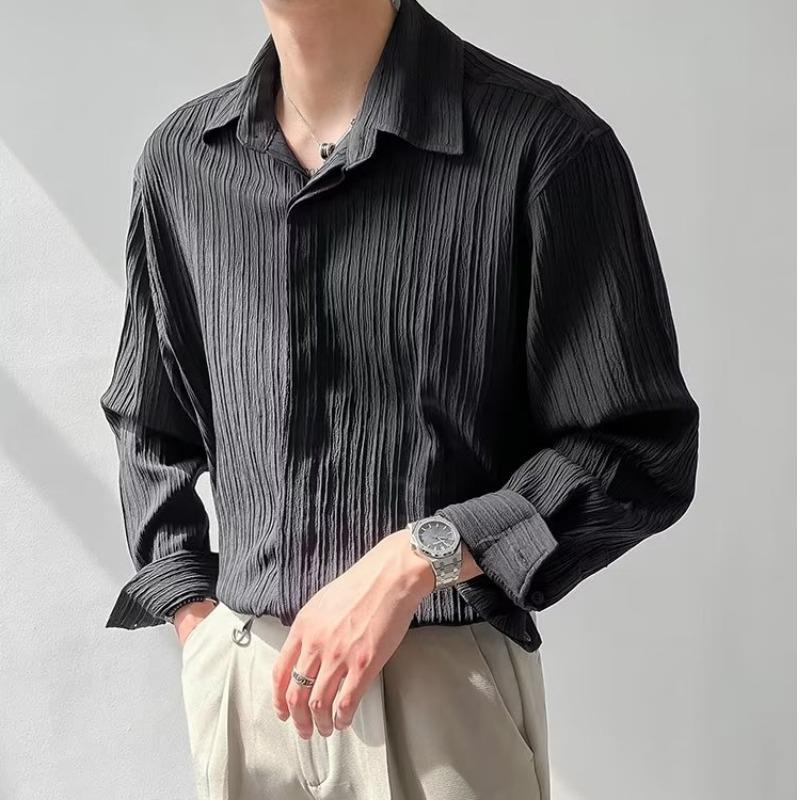Camisa de manga larga para hombre - ajuste relajado - tela arrugada texturizada - con botones y cuello clásico