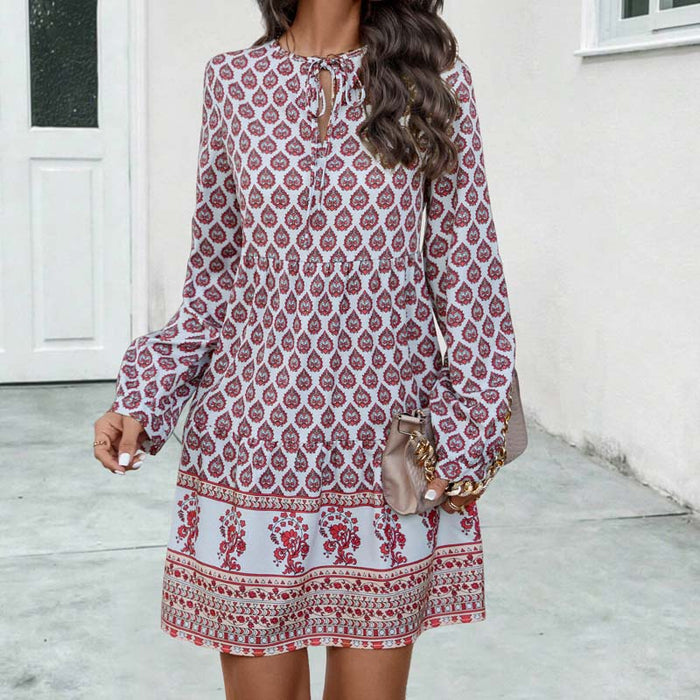 Vestido midi boho para mujer con corte fluido, manga larga y escote en forma de llave con estampado elegante