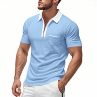 Hommes - Polo slim avec patte de boutonnage zippée, mélange de coton, poche sur la poitrine - Tenue décontractée et élégante
