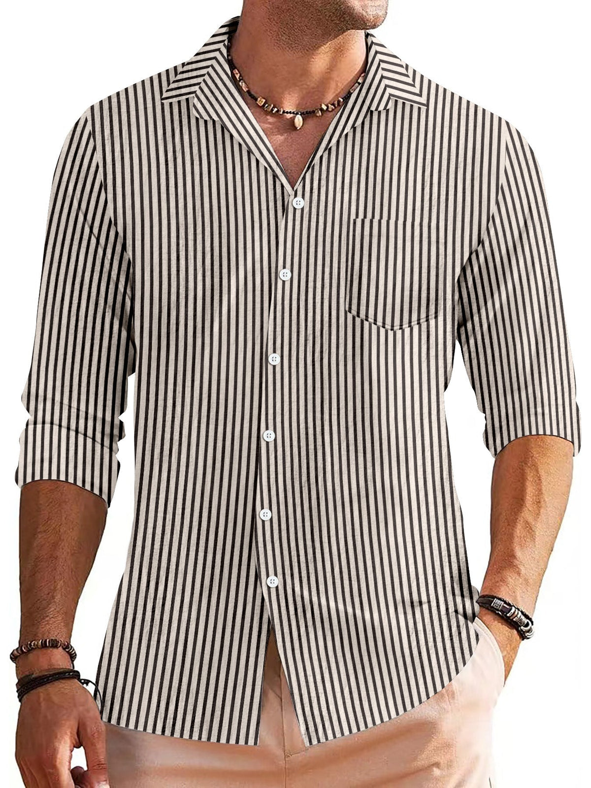 Camisa de manga larga para hombres - Ajuste regular - Estampado a rayas con bolsillo en el pecho
