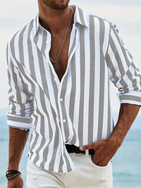 Chemise homme à manches longues en coton lin - coupe décontractée - boutons - rayures décontractées
