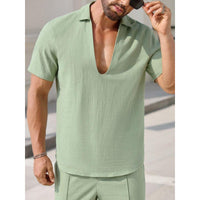 Ensemble pour hommes en lin mélangé - Coupe décontractée - Chemise à V et pantalon long pour un style confortable et élégant