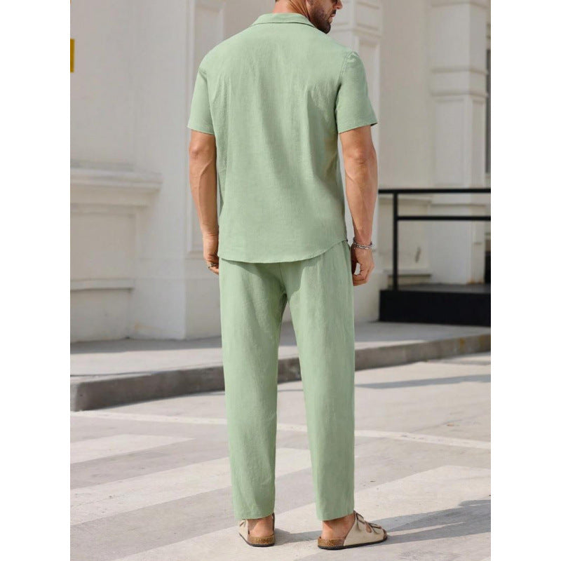 Ensemble pour hommes en lin mélangé - Coupe décontractée - Chemise à V et pantalon long pour un style confortable et élégant