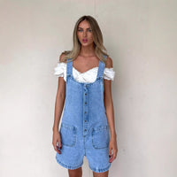 Shorts en jean décontractés pour femmes avec Bretelles ajustables, bouton devant et poches pratiques