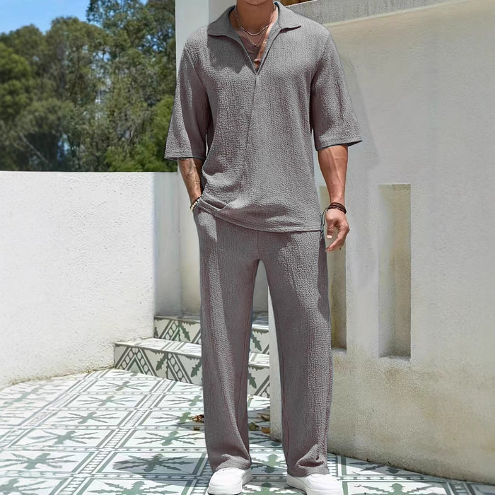 Ensemble Casual Masculin - Tissu Texturé Léger - Coupe Décontractée - Chemise à Moitié Zip & Pantalons Confortables