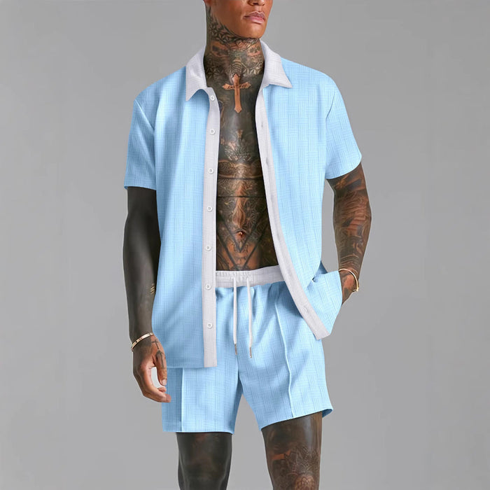 Ensemble Chemise et Short pour Homme - Mélange de Coton - Coupe Confortable - Col Revers - Taille à Cordon de Serrage