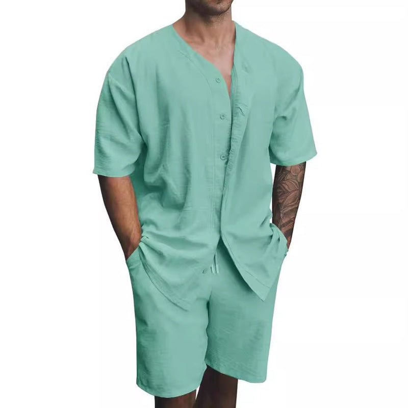 Ensemble Homme Deux Pièces - Chemise à V Boutons - Shorts Relaxés en Coton Respirant