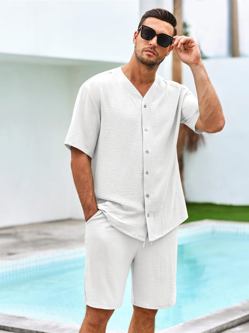 Ensemble Homme Deux Pièces - Chemise à V Boutons - Shorts Relaxés en Coton Respirant