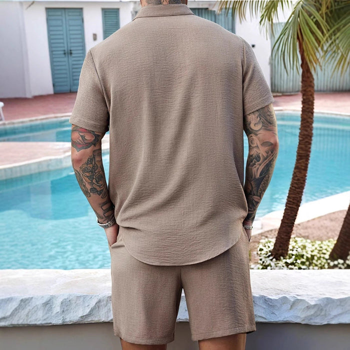 Ensemble Décontracté pour Hommes : Chemise Henley en Coton avec Short Assorti - Coupe Relaxée et Manches Courtes