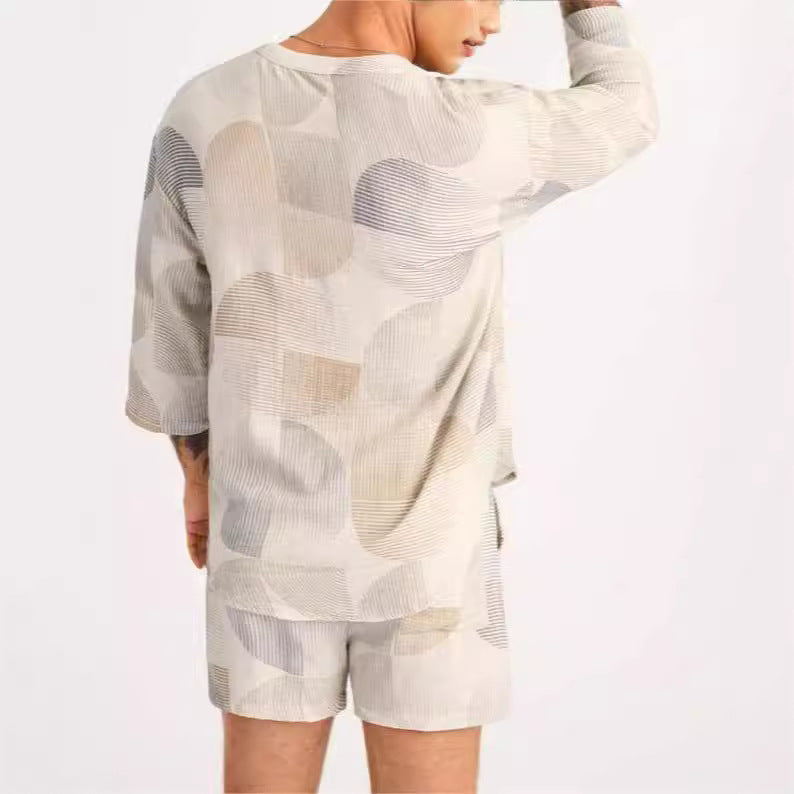 Set de chemise et short pour hommes - Col lacé - Coupe décontractée - Mélange de coton respirant