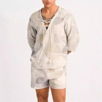 Set de chemise et short pour hommes - Col lacé - Coupe décontractée - Mélange de coton respirant