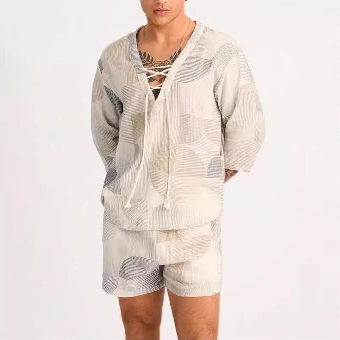 Set de chemise et short pour hommes - Col lacé - Coupe décontractée - Mélange de coton respirant