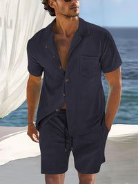 Ensemble de Chemise et Short pour Hommes - Coupe Décontractée - Col Cubain - Tissu Légèrement Respirant et Léger