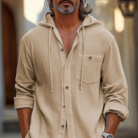 Chemise à capuche élégante en lin mélangé pour hommes - coupe décontractée avec devant boutonné et manches longues pour un confort décontracté