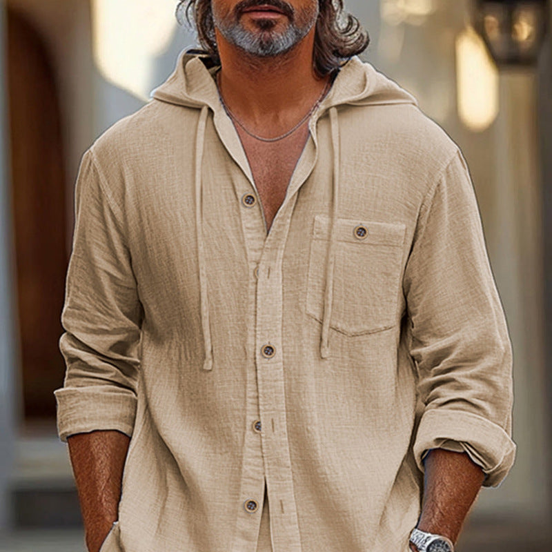 Chemise à capuche élégante en lin mélangé pour hommes - coupe décontractée avec devant boutonné et manches longues pour un confort décontracté