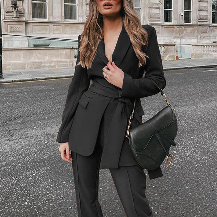 Ensemble blazer et pantalon 2 pièces pour femme - Tenue de bureau élégante en noir intemporel