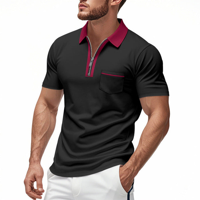 Hommes - Polo slim avec patte de boutonnage zippée, mélange de coton, poche sur la poitrine - Tenue décontractée et élégante