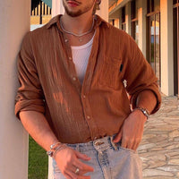 Chemise pour hommes à manches longues - Coupe décontractée - Tissu léger en coton mélangé - Style boutonne pour un look casual】