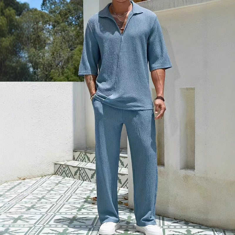 Ensemble Casual Masculin - Tissu Texturé Léger - Coupe Décontractée - Chemise à Moitié Zip & Pantalons Confortables