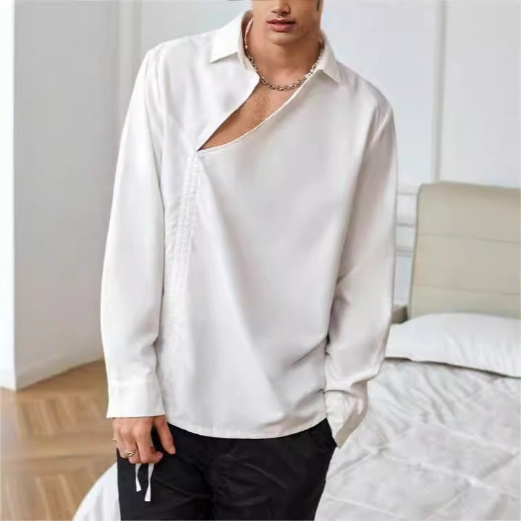 Chemise pour hommes à manches longues - Coupe décontractée - Devant à lacets - Tissu léger en coton mélangé